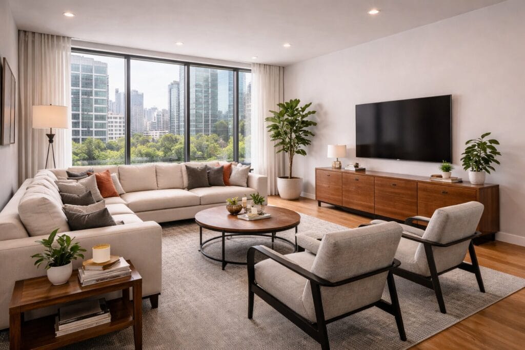 Mid-century modern living room city view