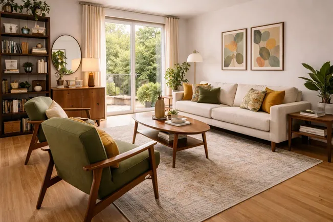 Mid-century-modern-living-room-with-green-chairs